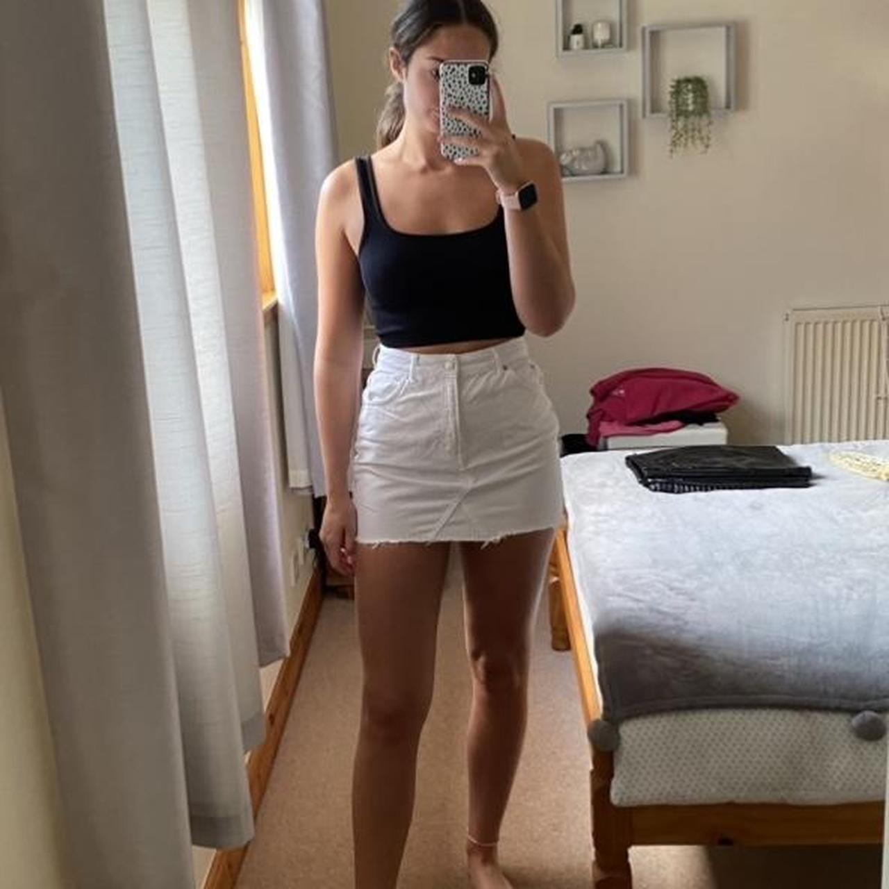 Topshop white denim mini skirt. Size 10, worn a few... - Depop