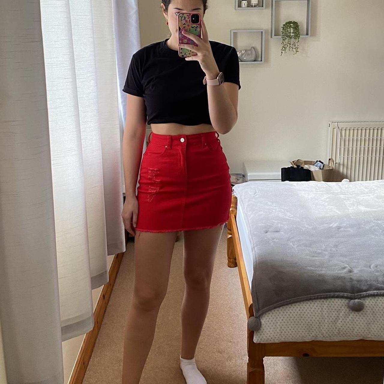 Pretty Little Thing red denim mini skirt. Worn twice... - Depop