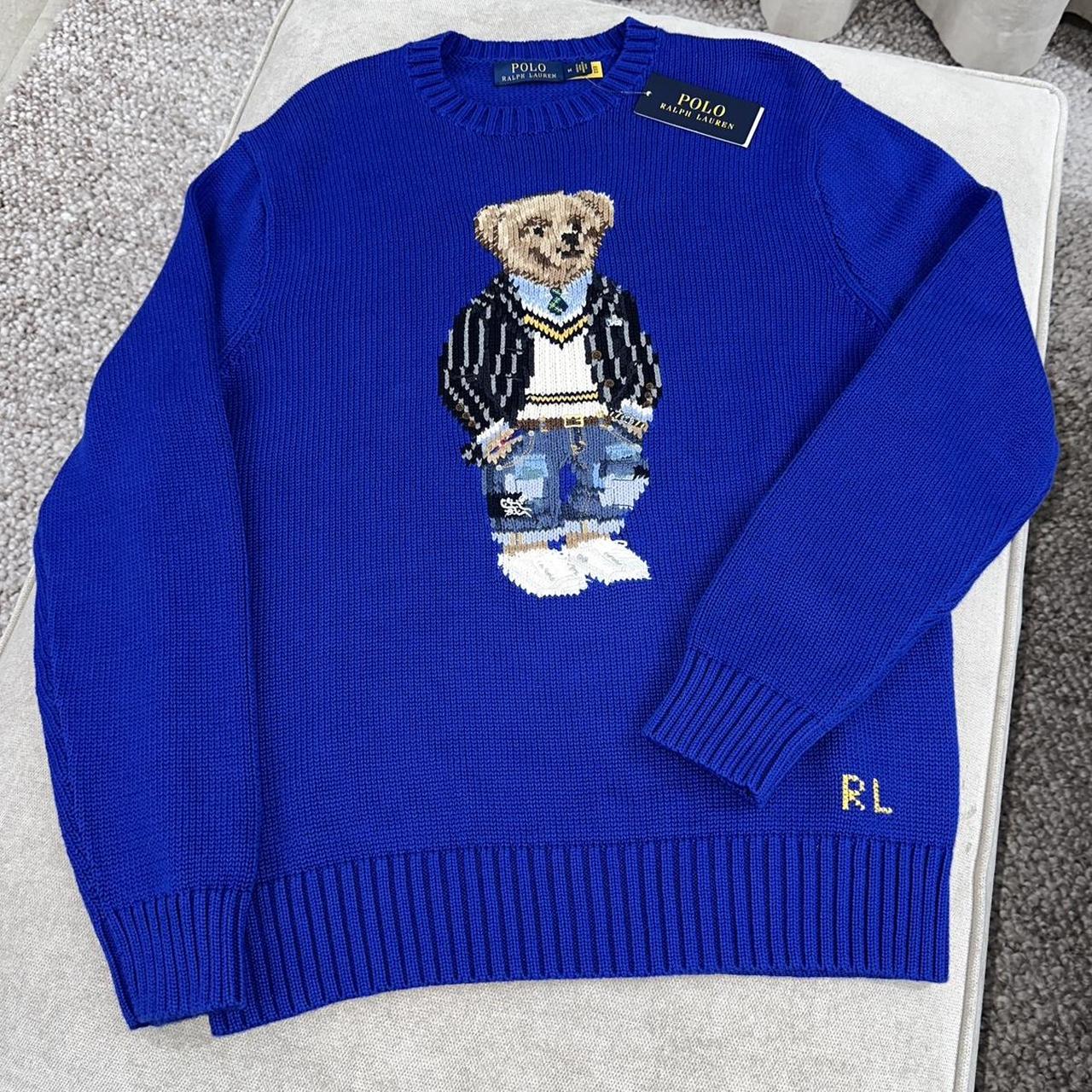 Polo Ralph Lauren Men's Blue Teddy Bear Jumper -... - Depop