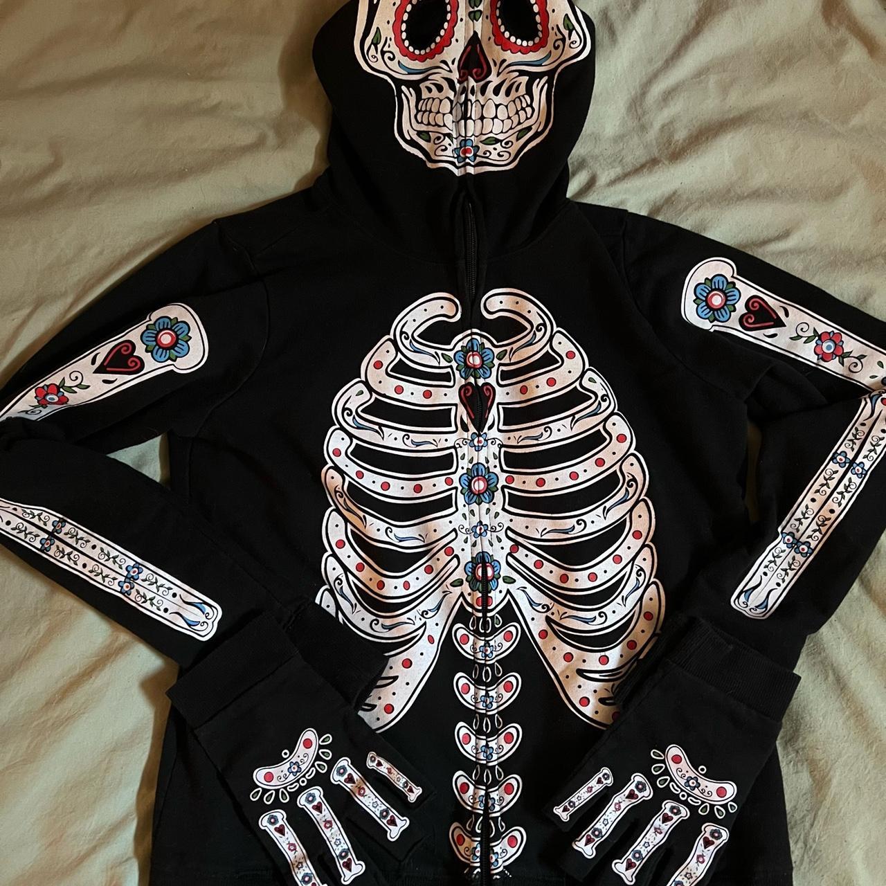 Full zip up skeleton hoodie sugar skull design and