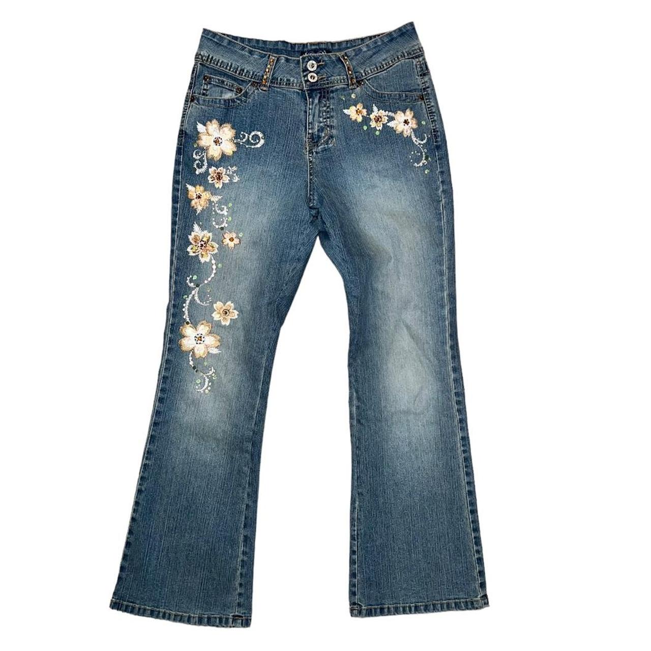 2000s Ángels Floral Embroidered Denim Jeans Size... - Depop