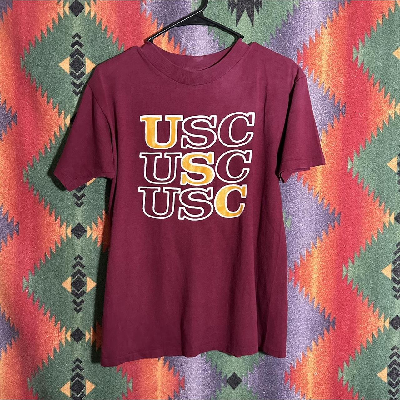 Vintage 80s USC Trojans Spell Out Tshirt Maroon... - Depop