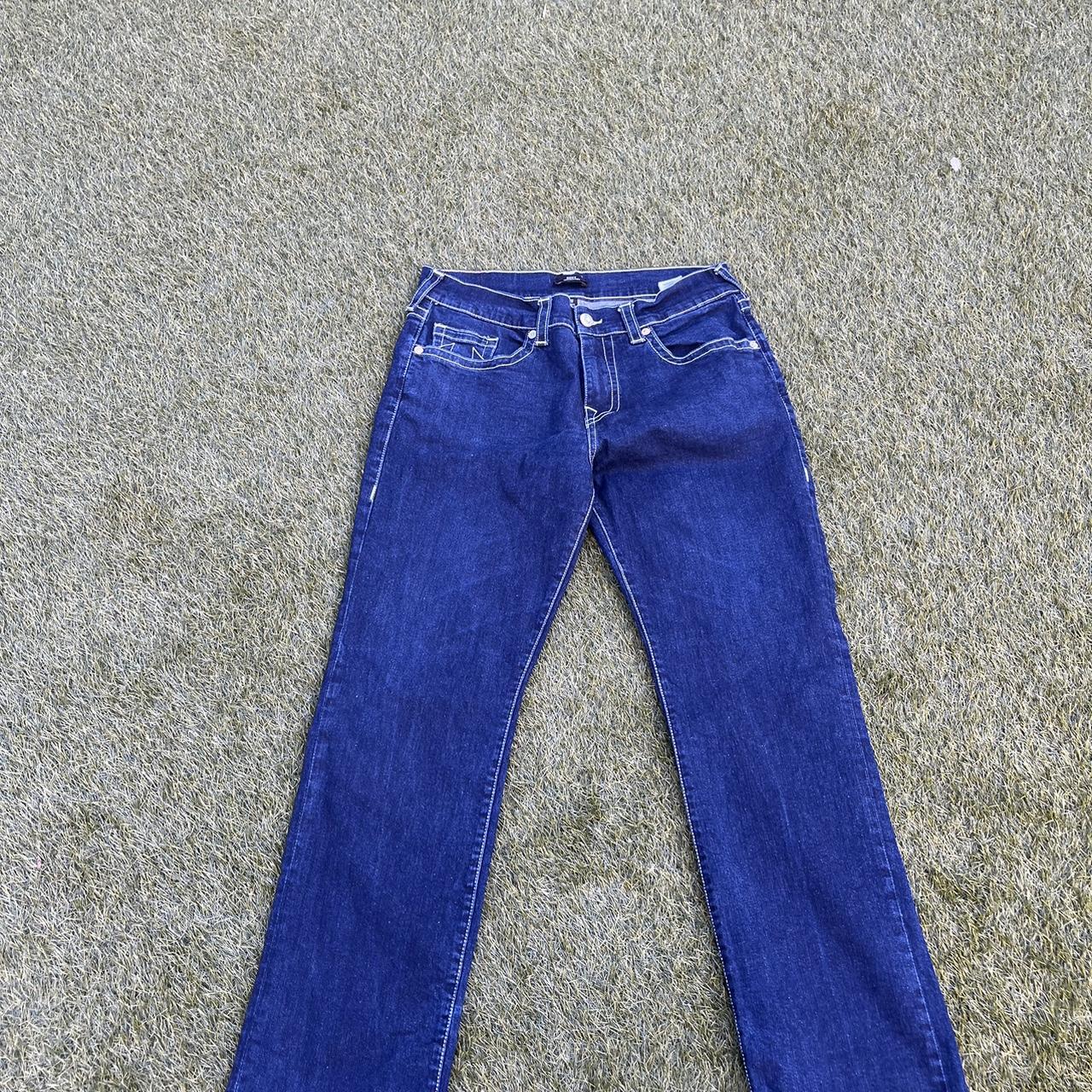 Simple white stitch dark blue true religion jeans ,... - Depop