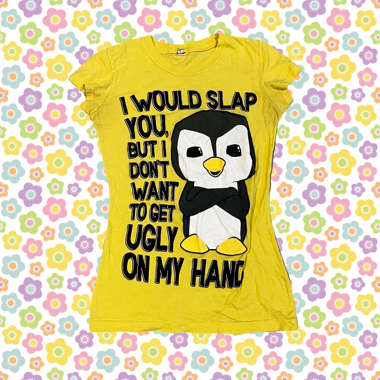 Cute yellow penguin print shirt with inwpuld slap... Depop