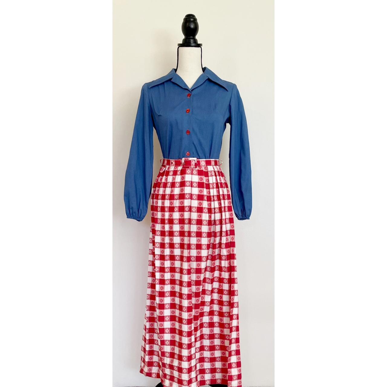 Vintage 70s Gingham Plaid Maxi Shirt Dress. Button...