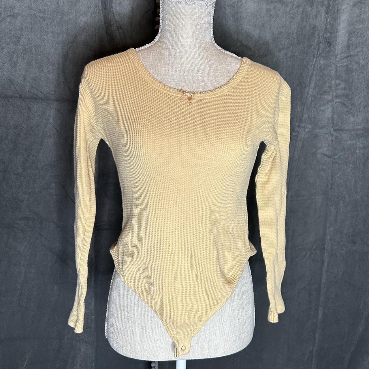 vintage waffle knit cream bodysuit with bow - Depop