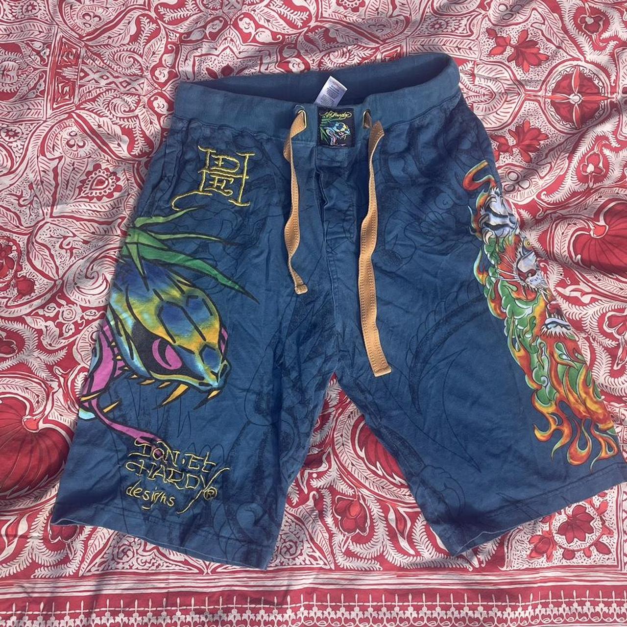 Ed Hardy sweat shorts long blue embroidered