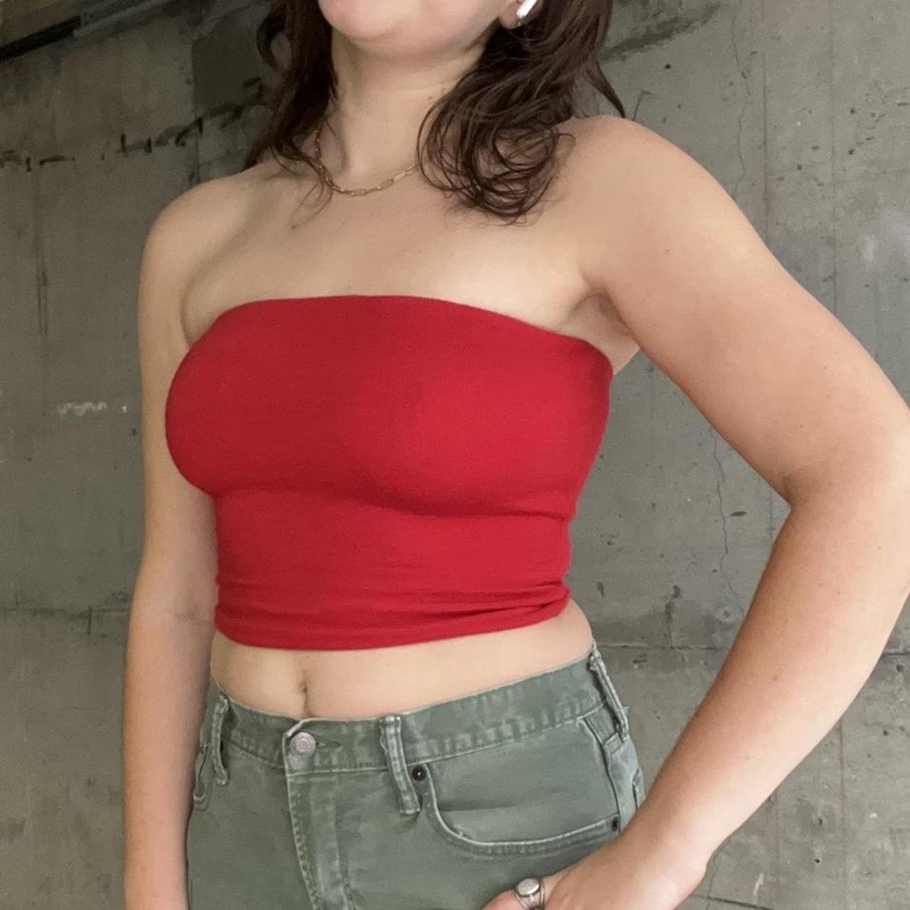 y2K double layered knit bright red tube top size... - Depop