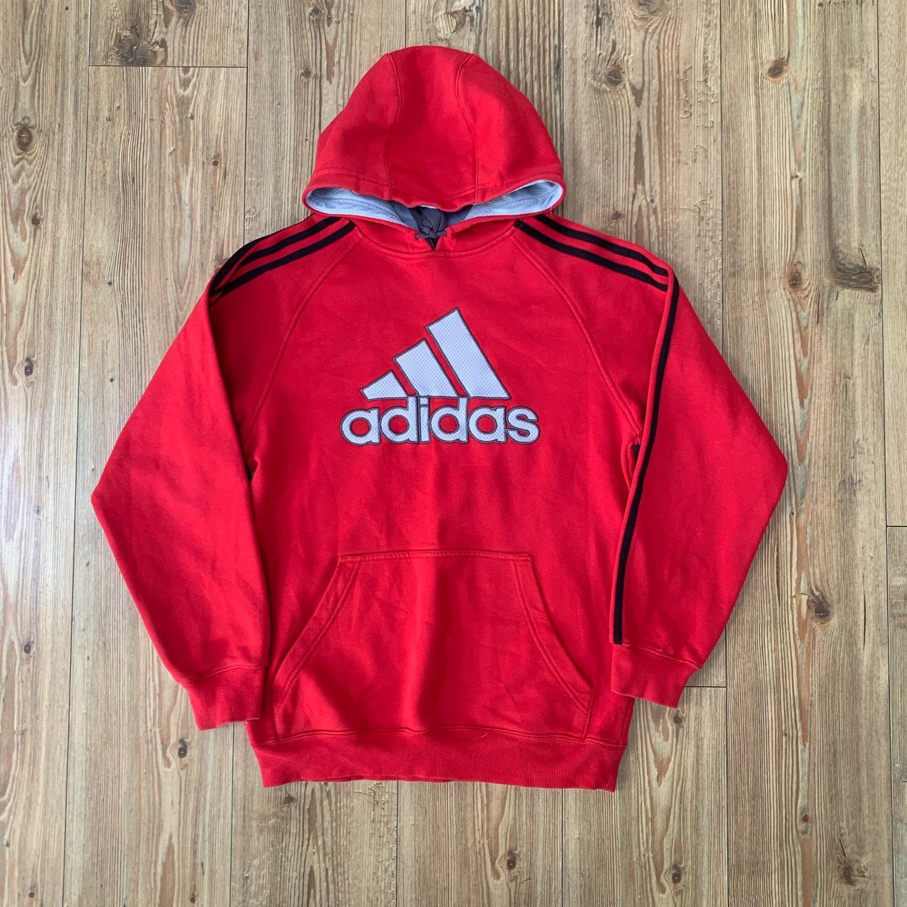 Early 2000s vintage adidas hoodie Red and grey Size... - Depop