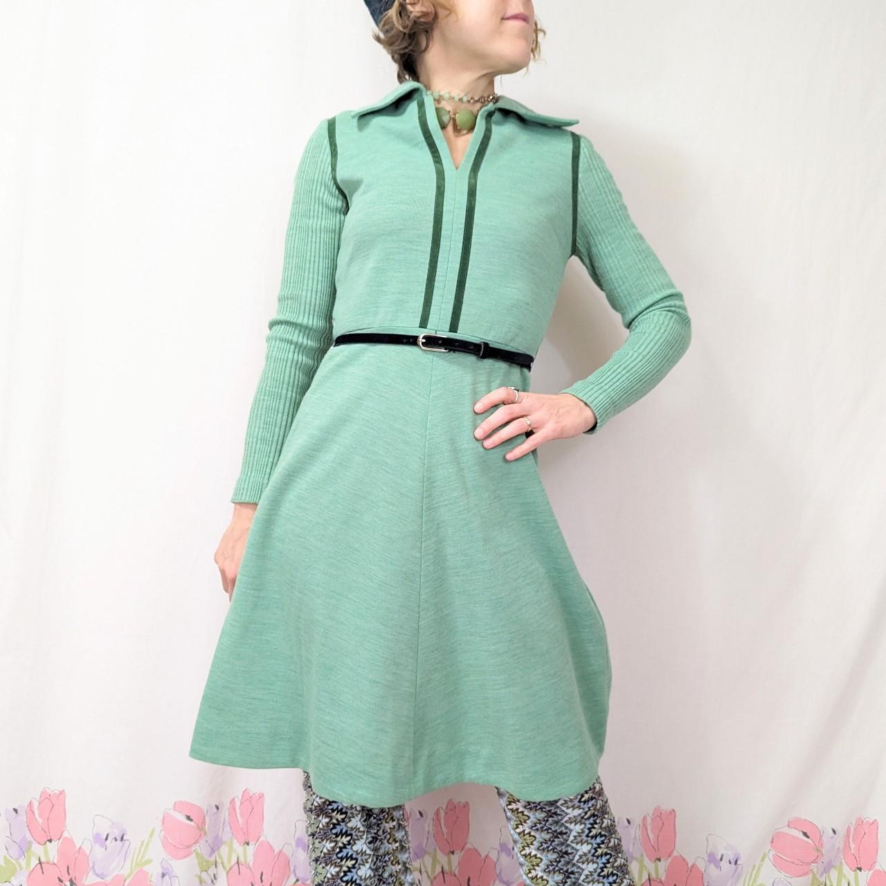 Vintage light green 70's knit dress. A line shape... - Depop