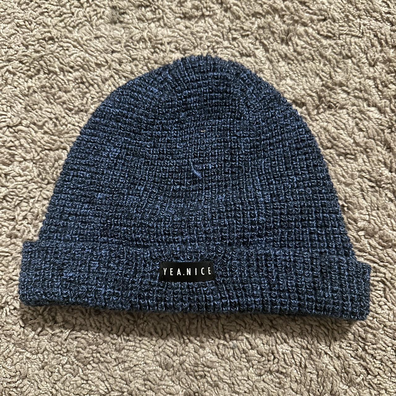 “YEA NICE” blue waffle-like knit beanie - super...