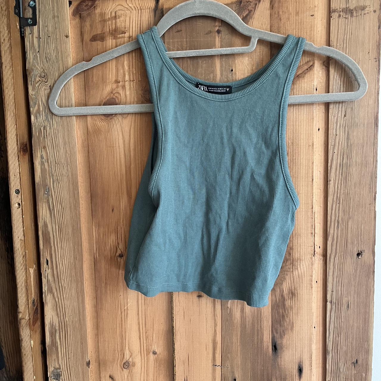 Zara green cropped racer back/vest top Ribbed... - Depop