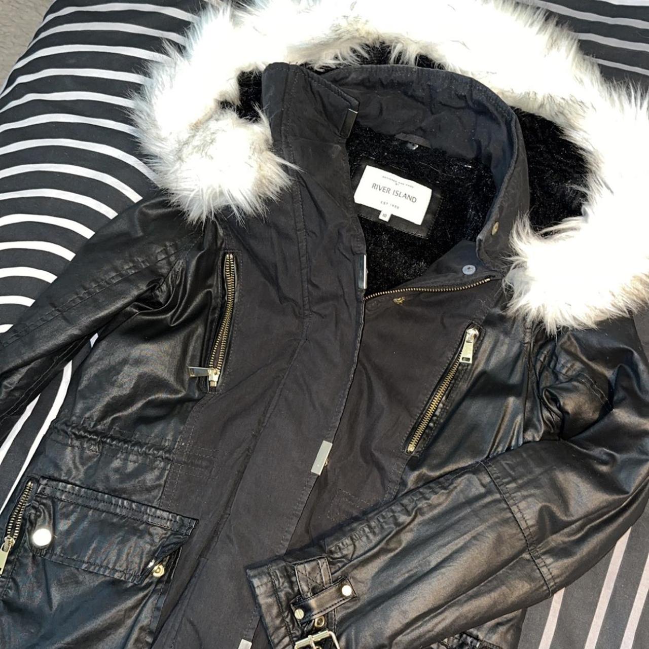 River island coat with white fur hood Size 10 Depop