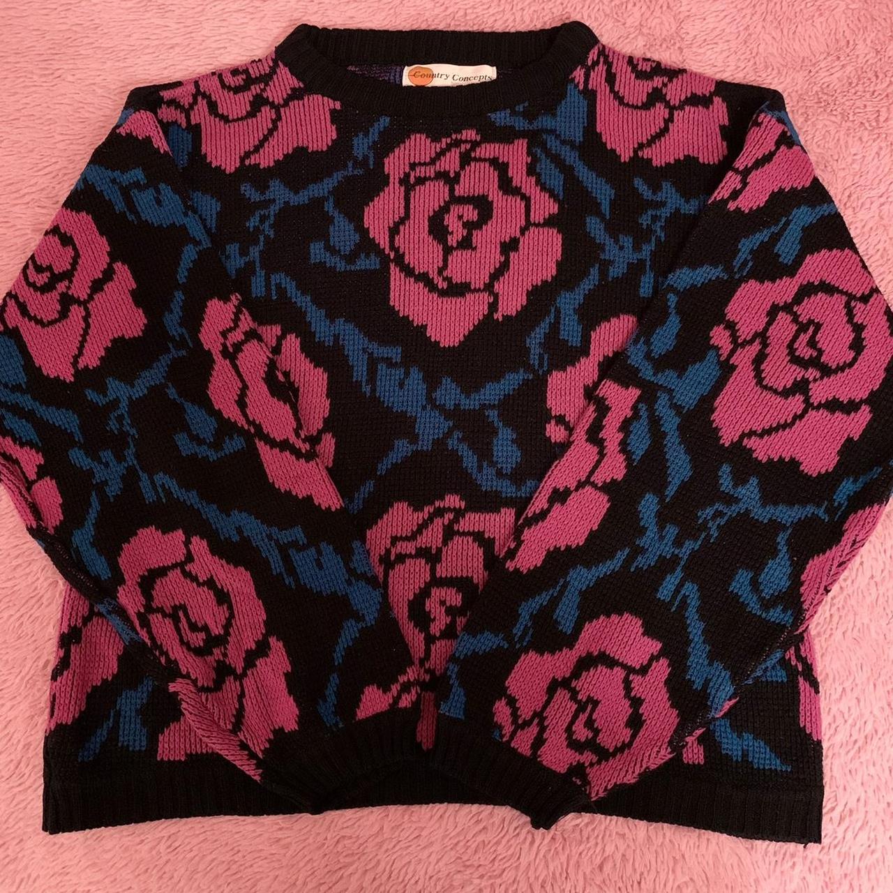 Vintage 80s pink rose sweater    In great condition!... - Depop