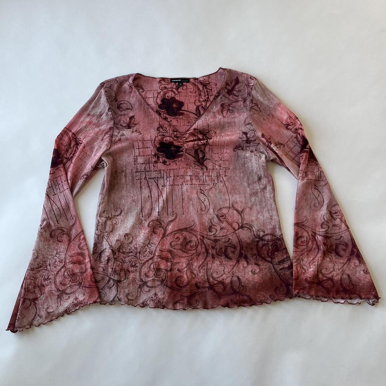 PRINTED ABSTRACT MESH Y2K BELL SLEEVE TOP size... - Depop