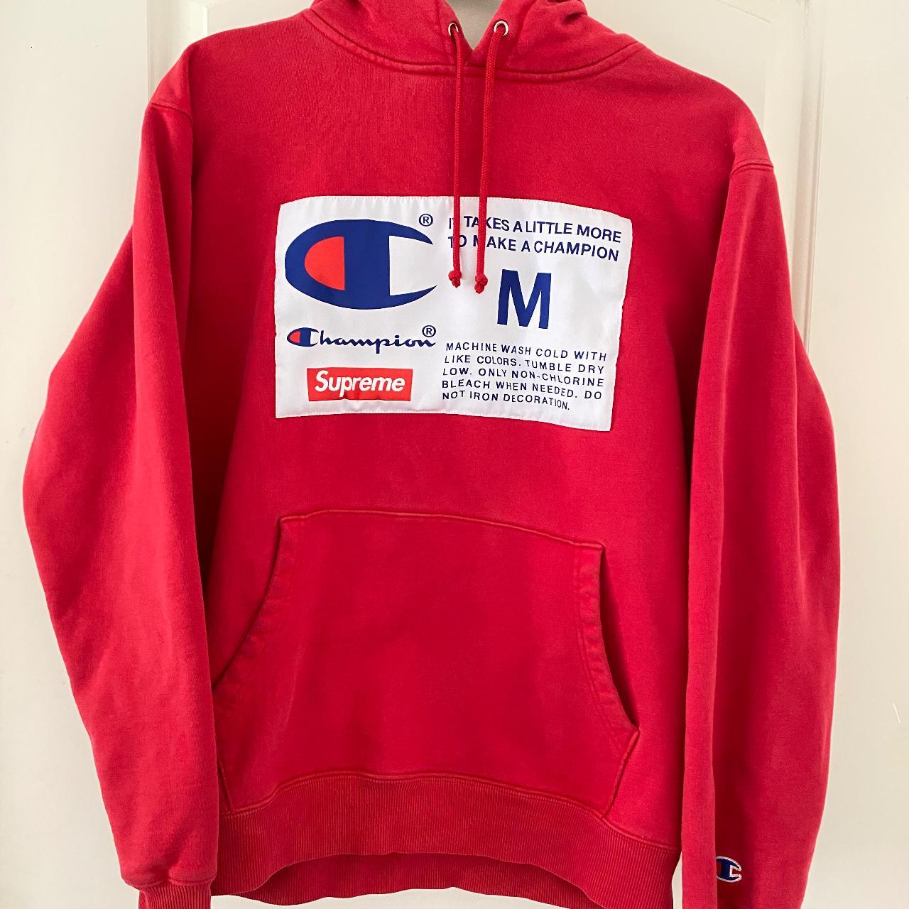 🏮Supreme Champion Label Hooded Sweatshirt Red Size... - Depop