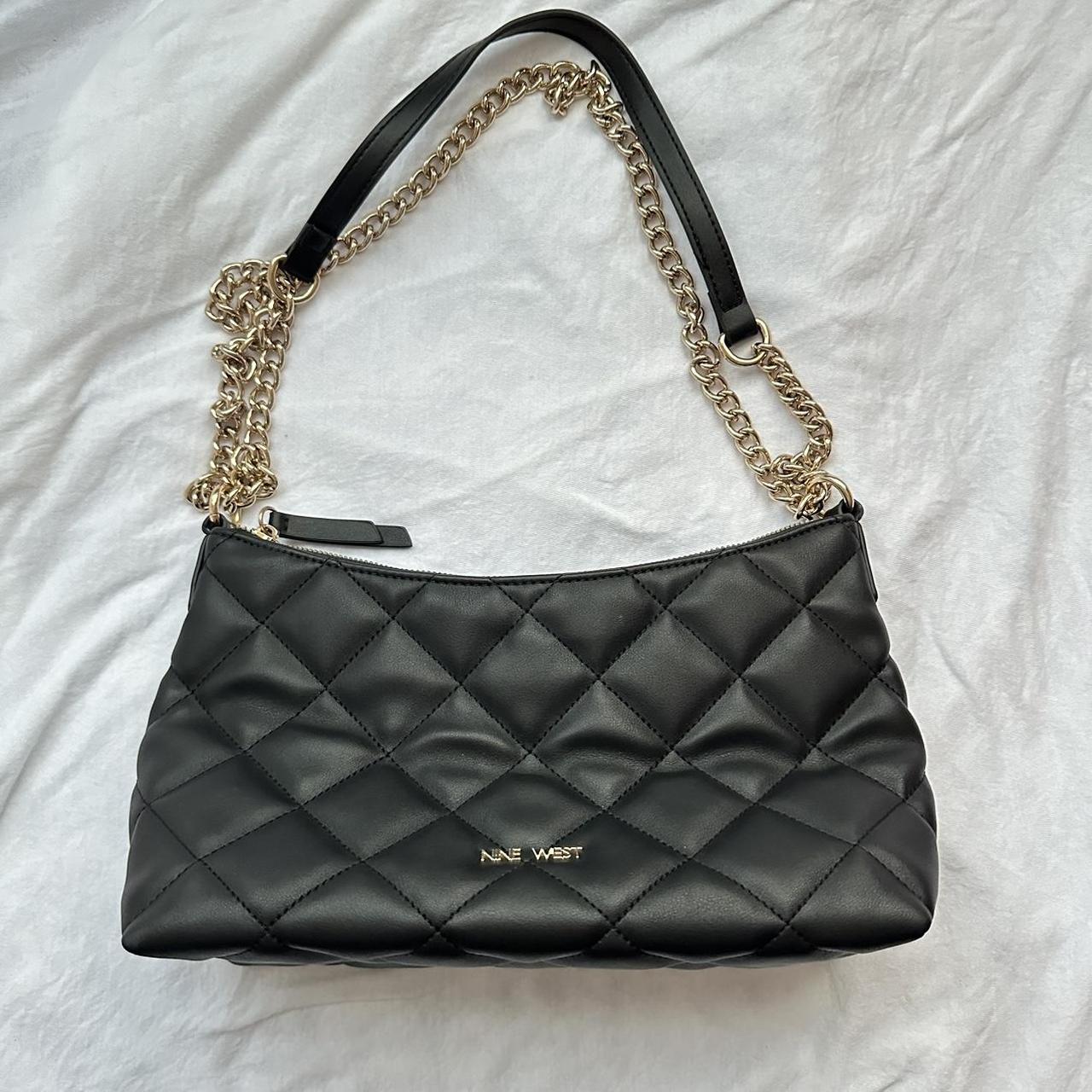 Nine West black quilted shoulder bag with gold chain. Depop