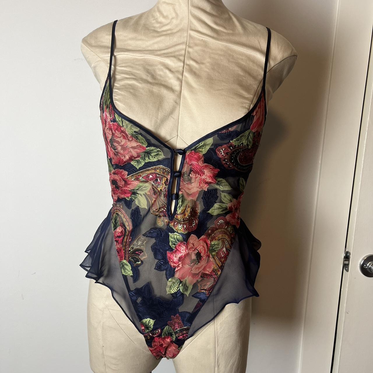 Vintage Victoria's online Secret Gold Label Pink/Blue Floral Teddy Lingerie Bodysuit-S