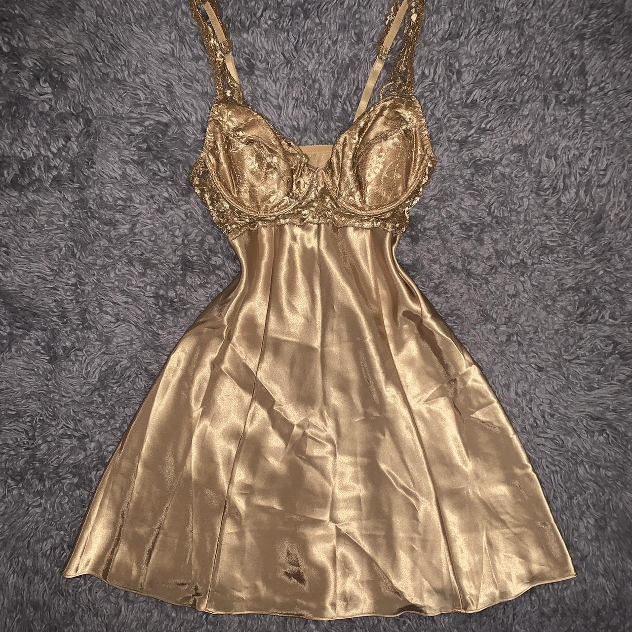 ✧ VICTORIA'S SECRET GOLD LACE SATIN SLIP DRESS ✧ Depop