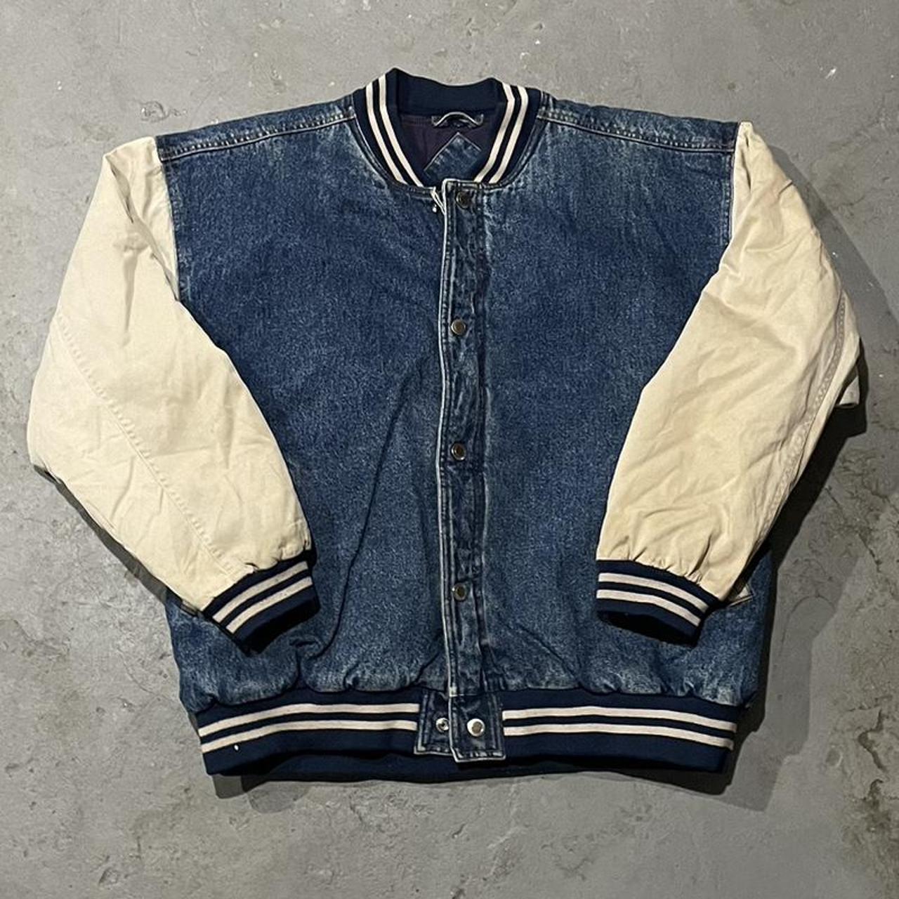 Vintage 00's/Y2K Basic Editions Denim Stadium Jacket... - Depop