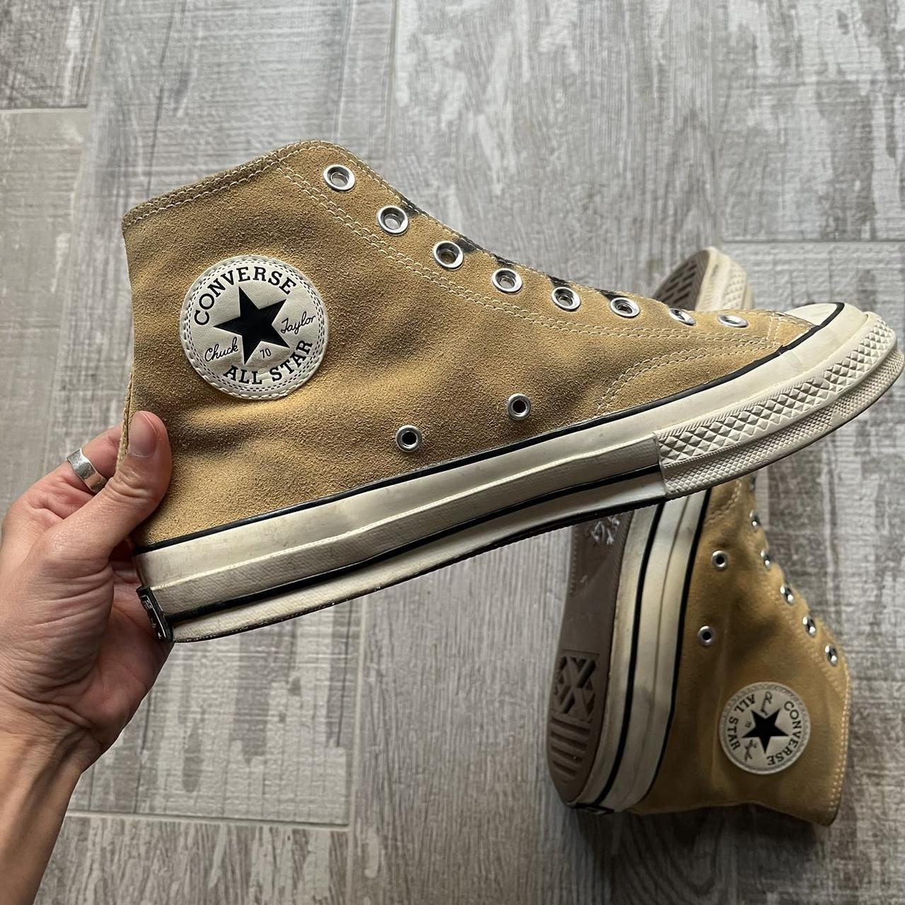 The perfect vintage tan suede high top converse... - Depop