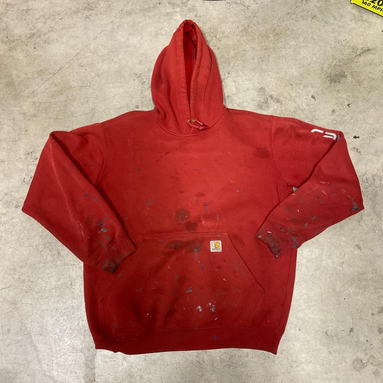 distressed red carhartt hoodie lots of cool paint... Depop