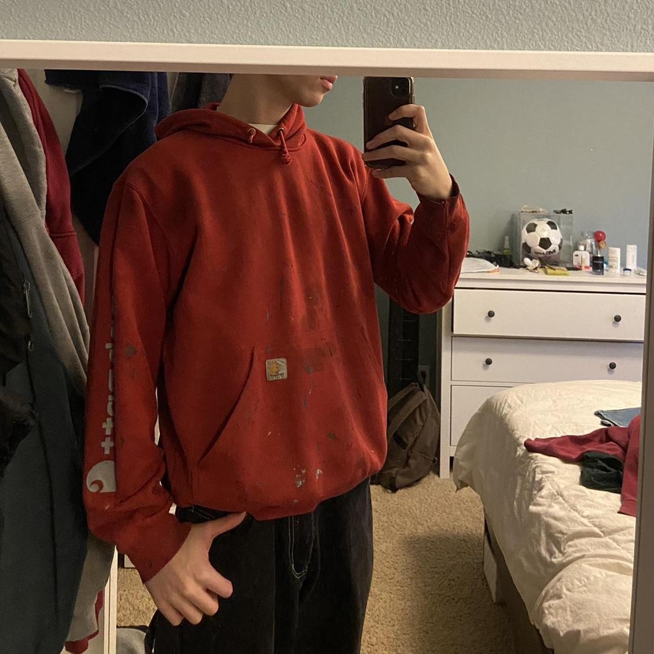 distressed red carhartt hoodie lots of cool paint... Depop