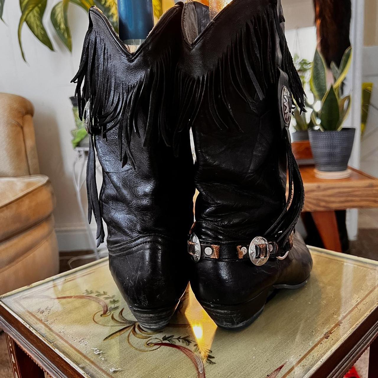 Amazing vintage black leather fringe boots Silver... Depop