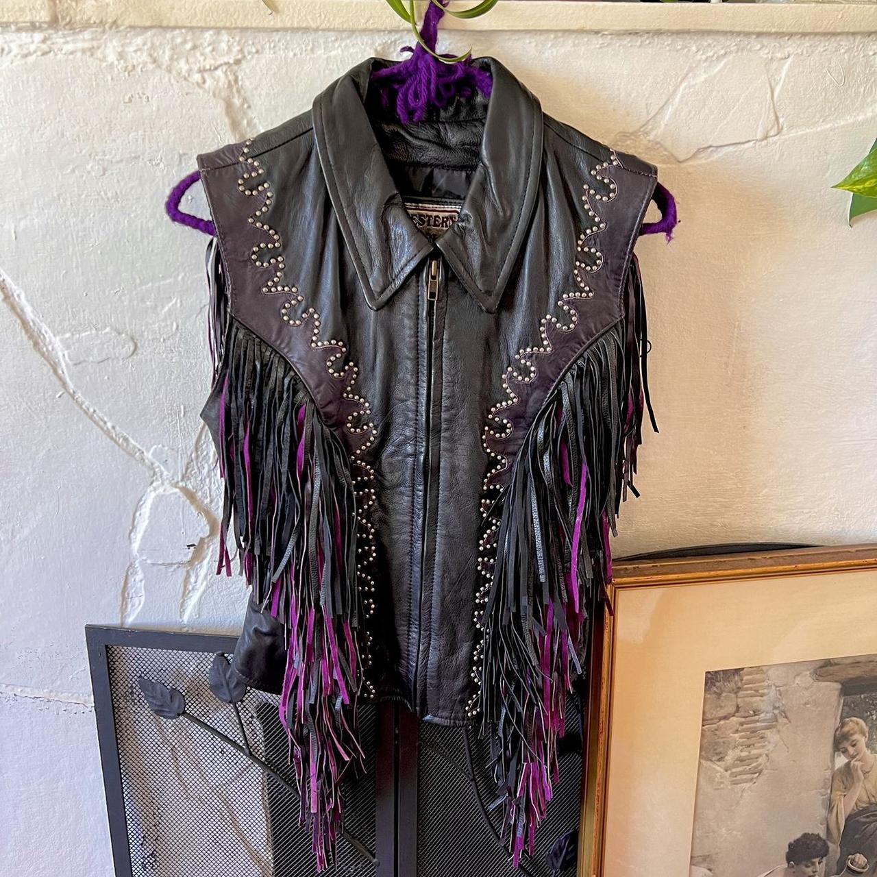 Vintage 80s/90s fringe leather vest , Studded with...