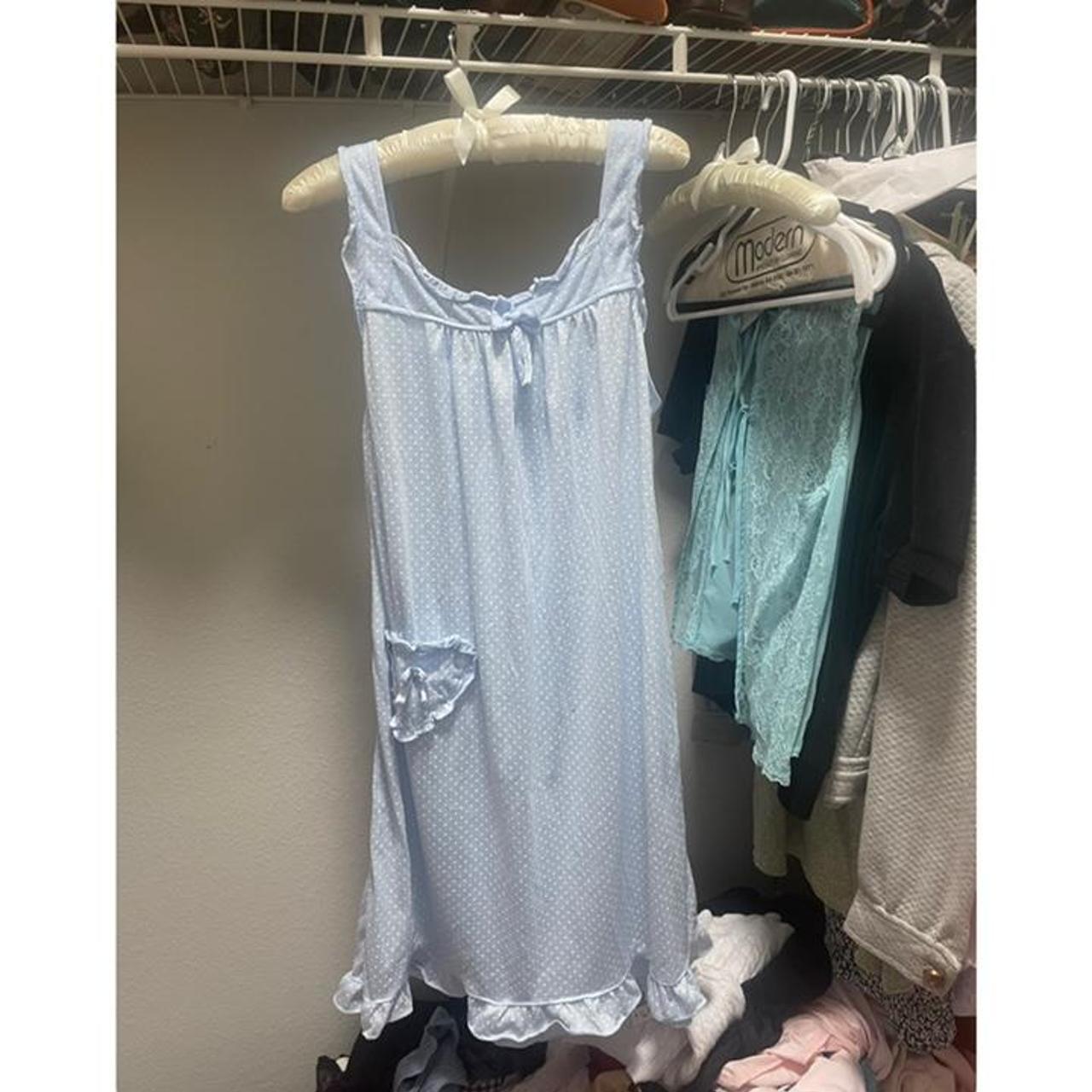 cottage / coquette blue dress with white polka dot... - Depop