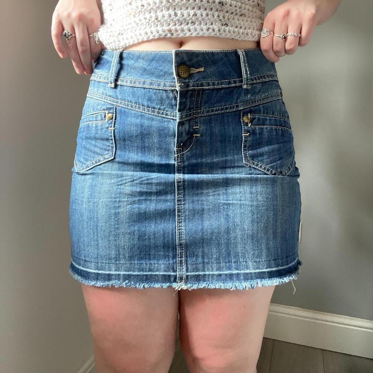 blue denim mini skirt with pockets and belt loops... - Depop