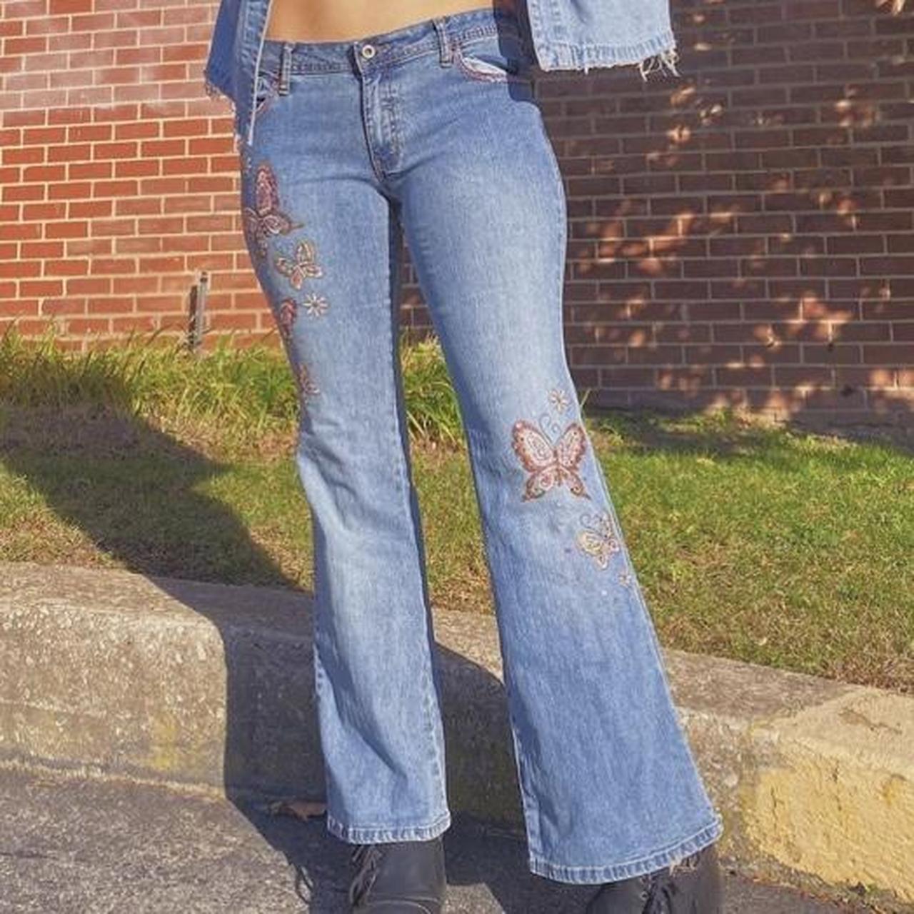 🦋🦋🦋 Low waisted y2k jeans with butterfly embroidery... - Depop