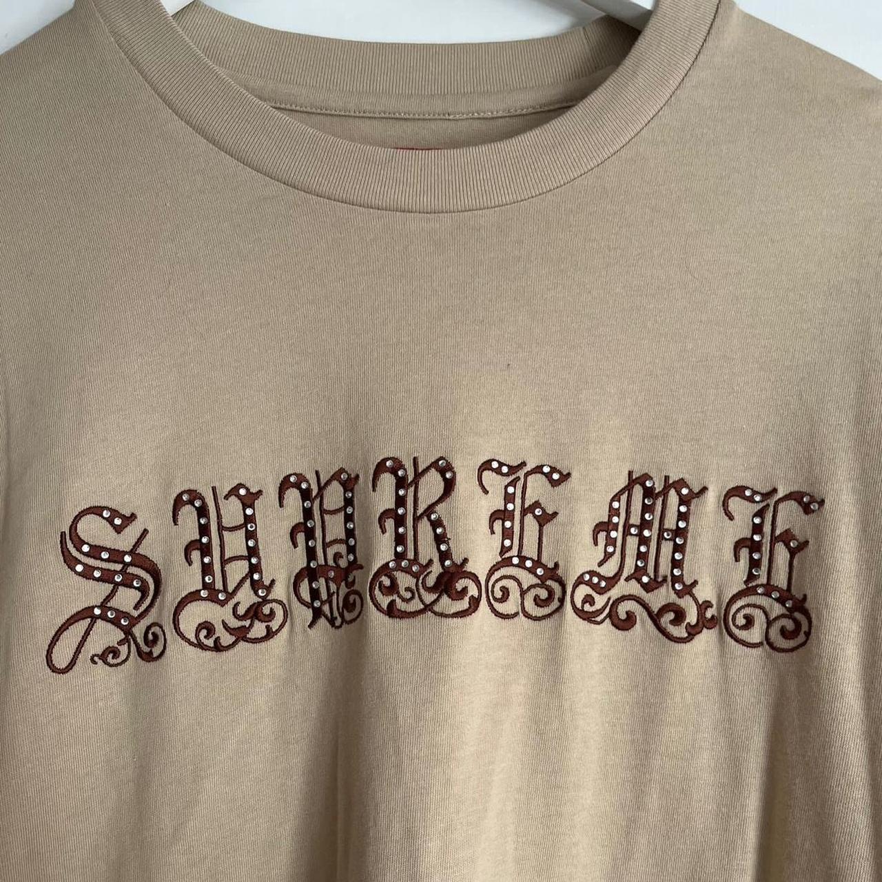 Supreme rhinestone gothic logo tan brown tee T-shirt... - Depop