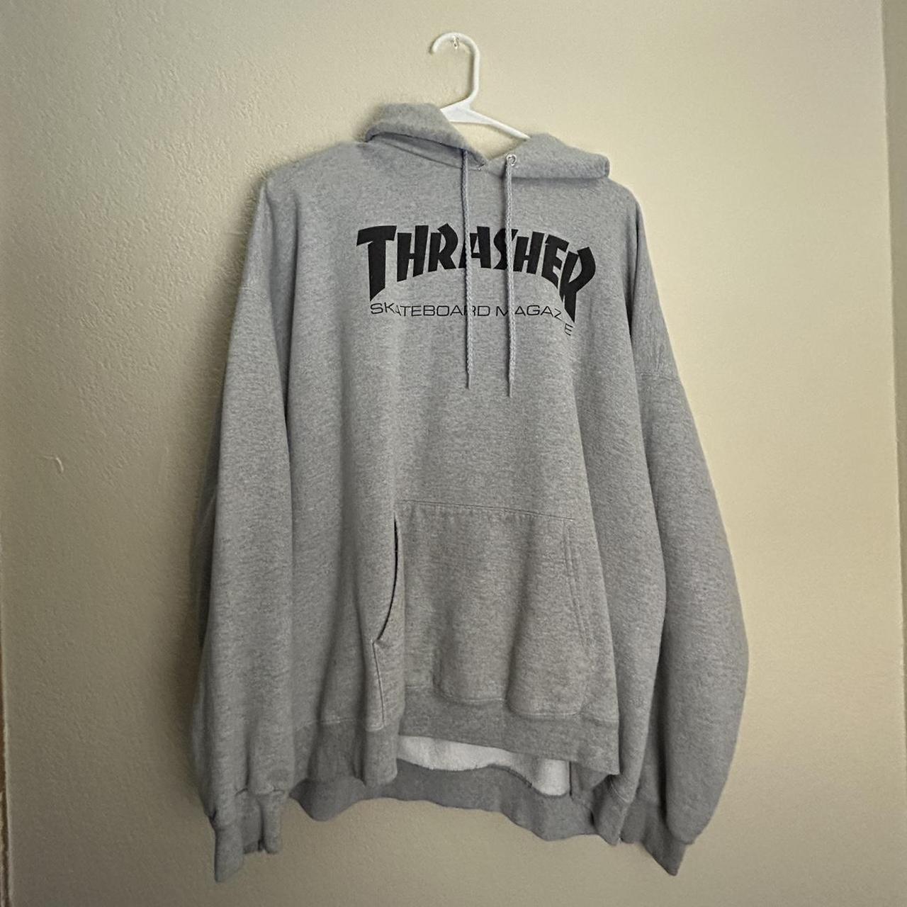Thrasher Men's Grey and White Hoodie | Depop