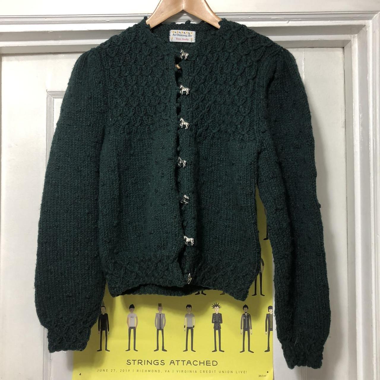 Vintage Green Wool Hand Knit Cardigan Sweater With... - Depop