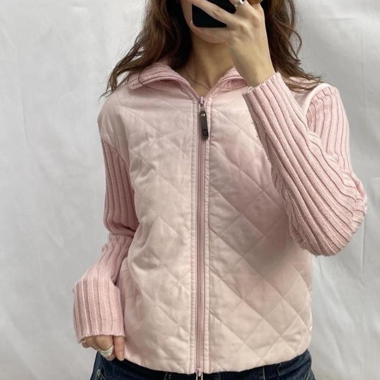 Y2k light pink quilted jacket with pink knit ribbed... Depop