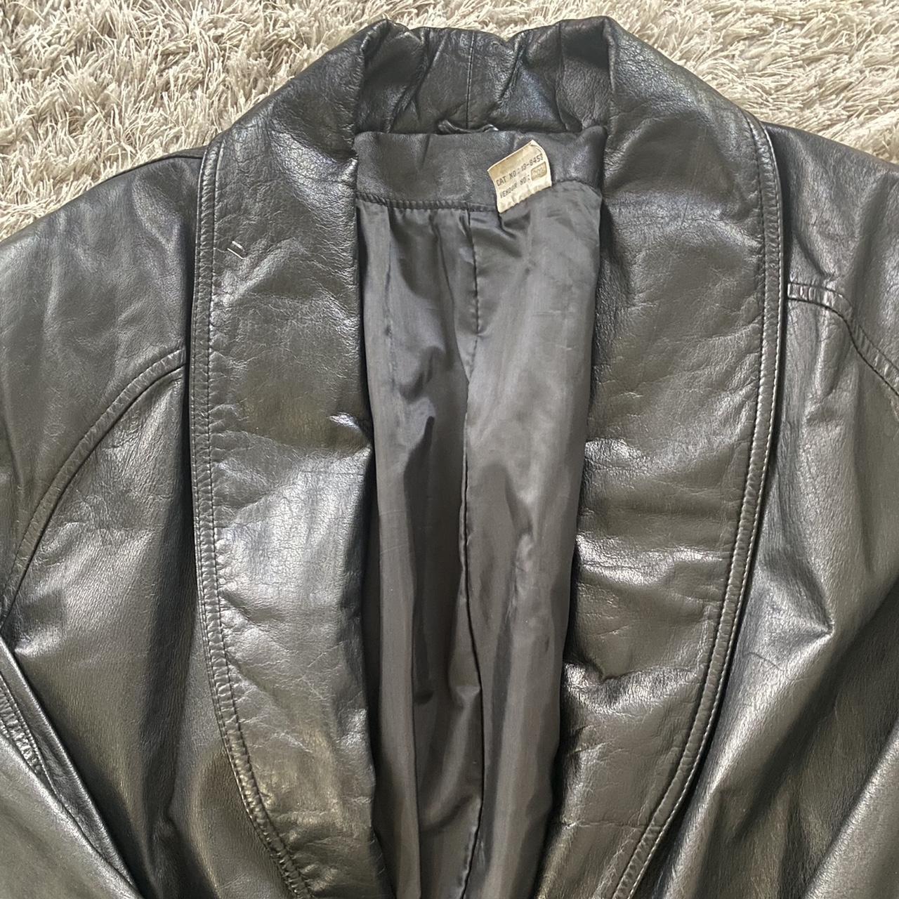 Vintage black leather trench coat size 6 Missing... - Depop