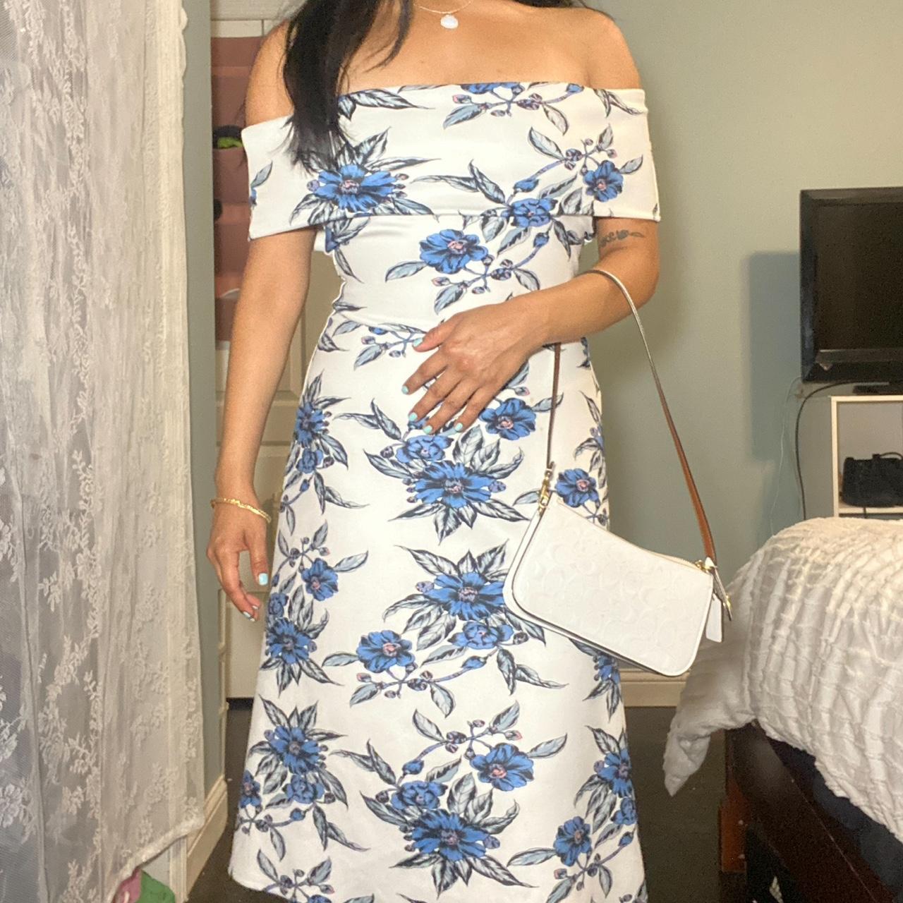 White and blue floral dress with blue hydrangeas. Depop