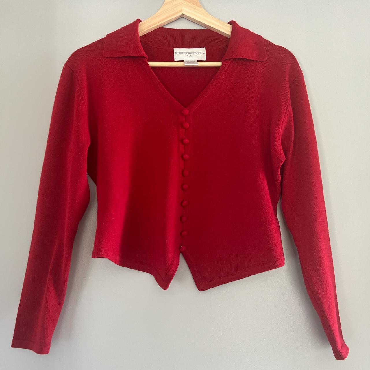 little cherry red sweater | v neck, buttons are... - Depop