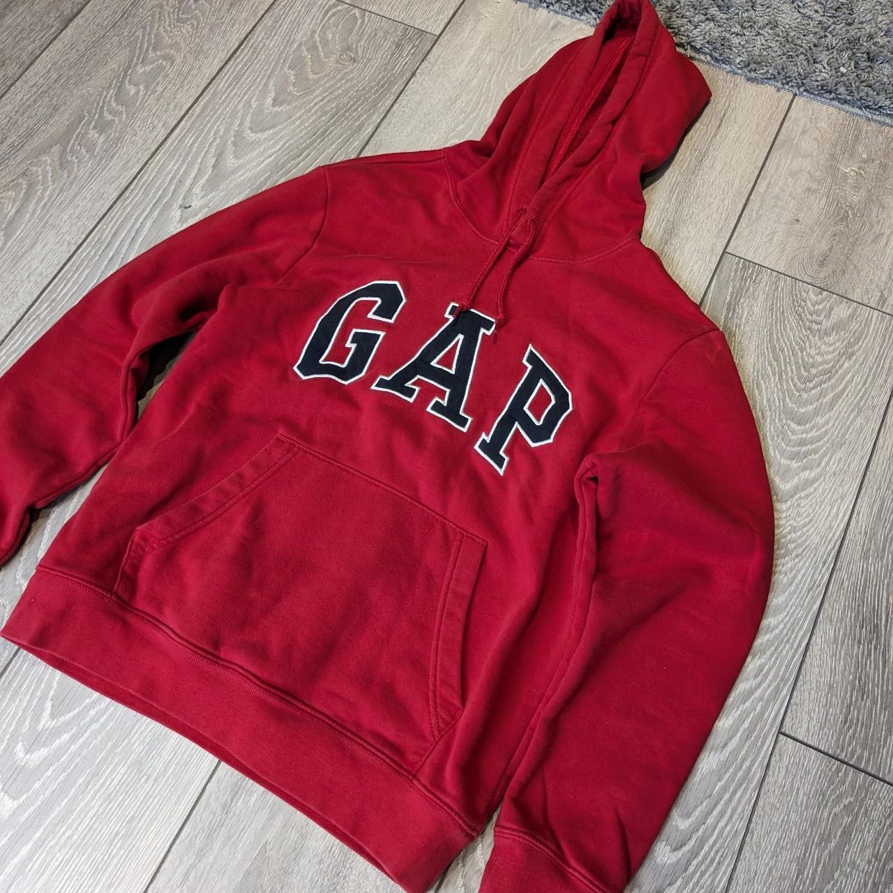 men-s-gap-pull-over-hoodie-red-with-navy-and-white-depop