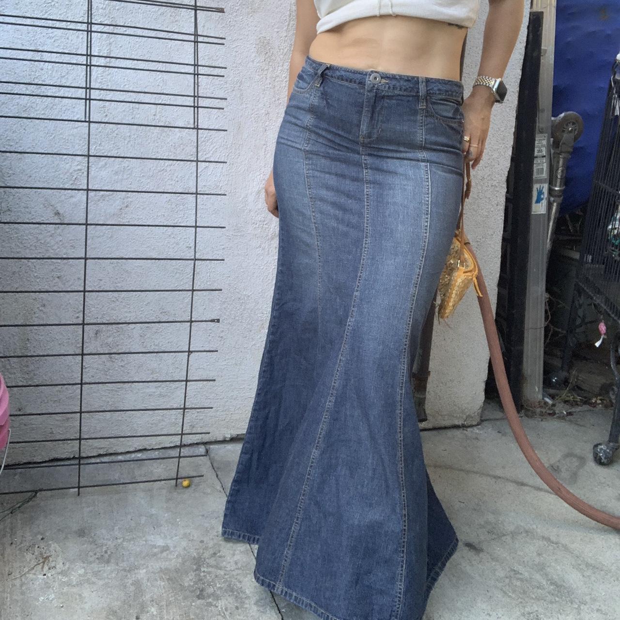 Vintage long maxi skirt denim flare bottom - Depop