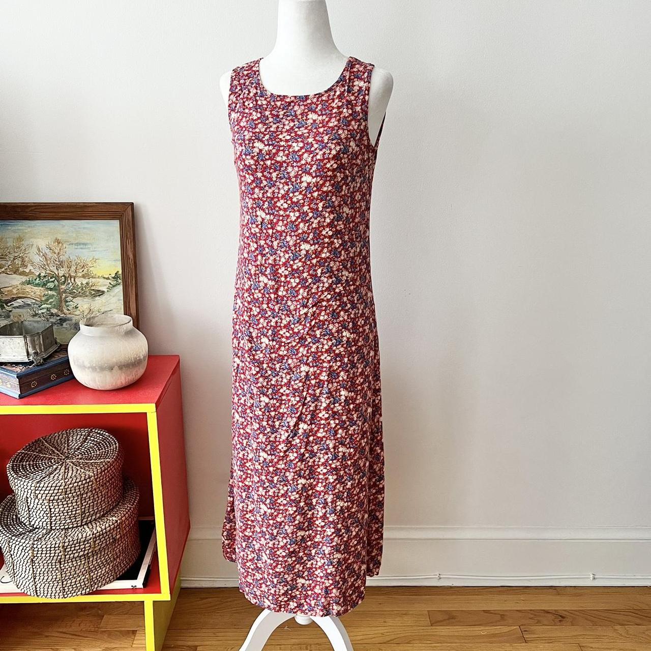 Vintage Red Ditsy Floral Print Midi Dress In good... - Depop