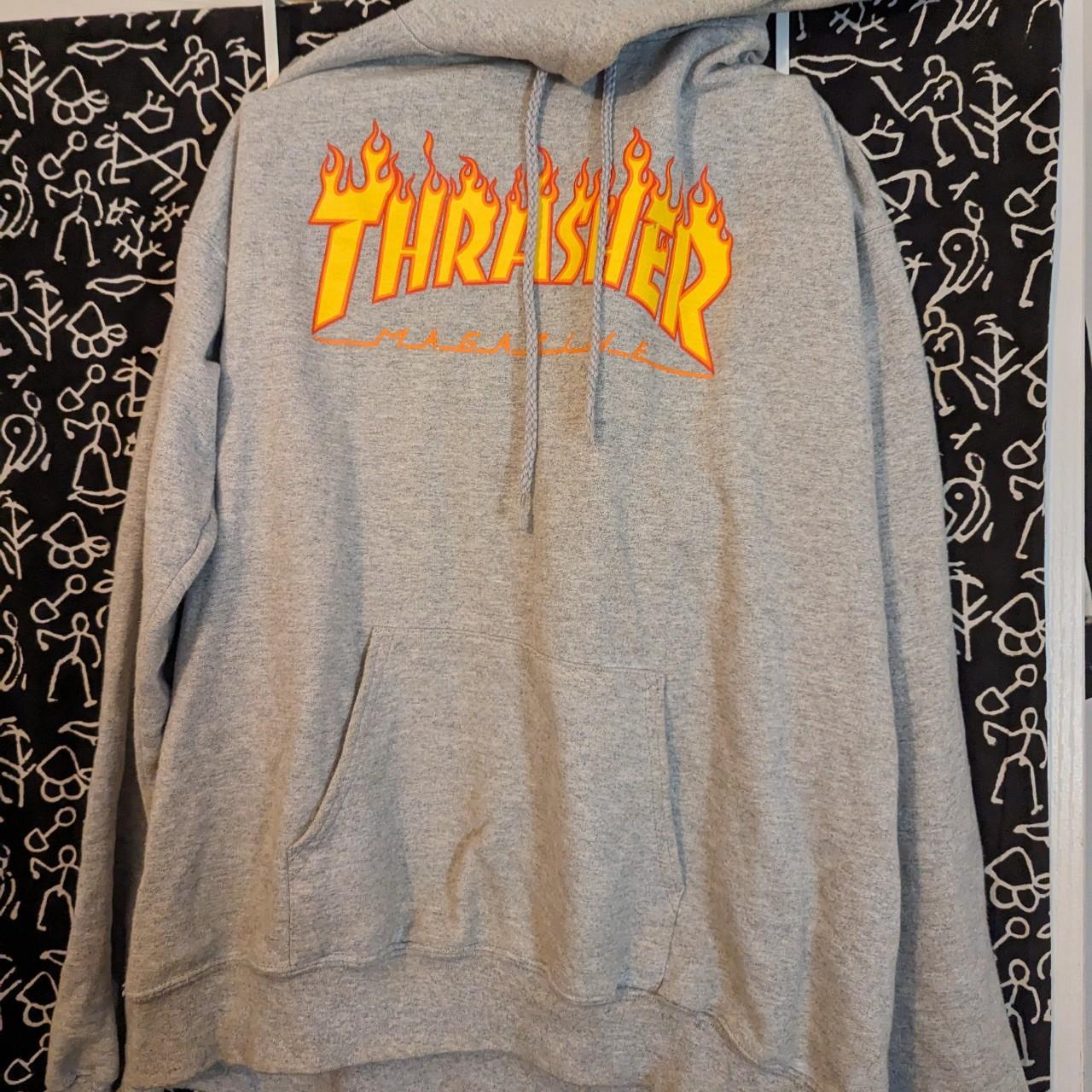 Grey Thrasher Hoodie Classic flame design. Worn a... - Depop