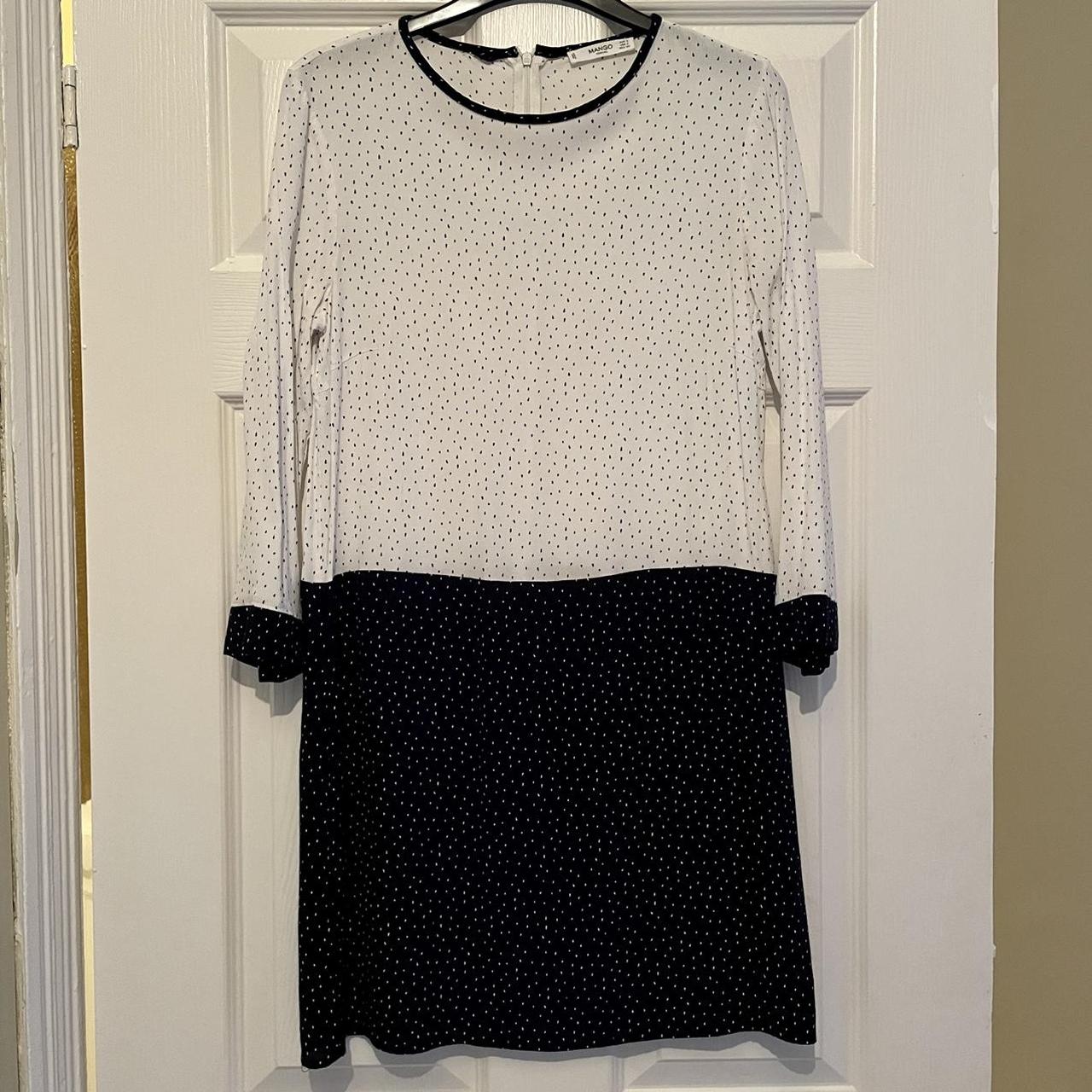 Mango Dress White and Navy Fleck Spot Dot Small UK... - Depop