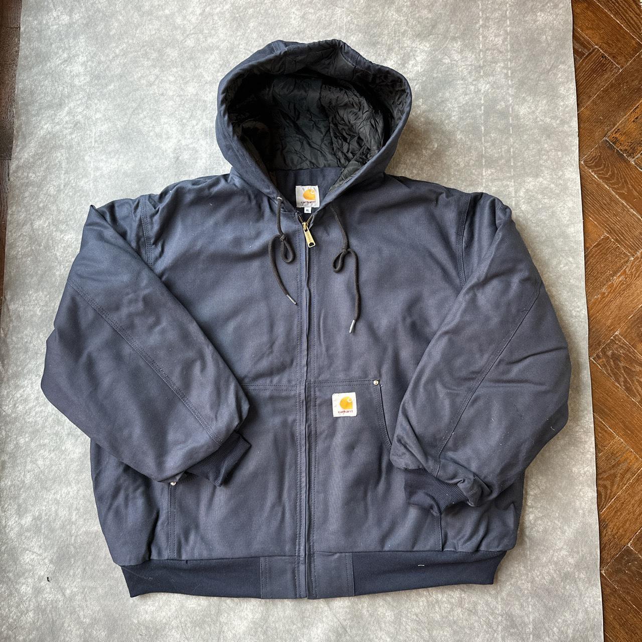 Reworked vintage carhartt patchwork navy blue hooded... - Depop