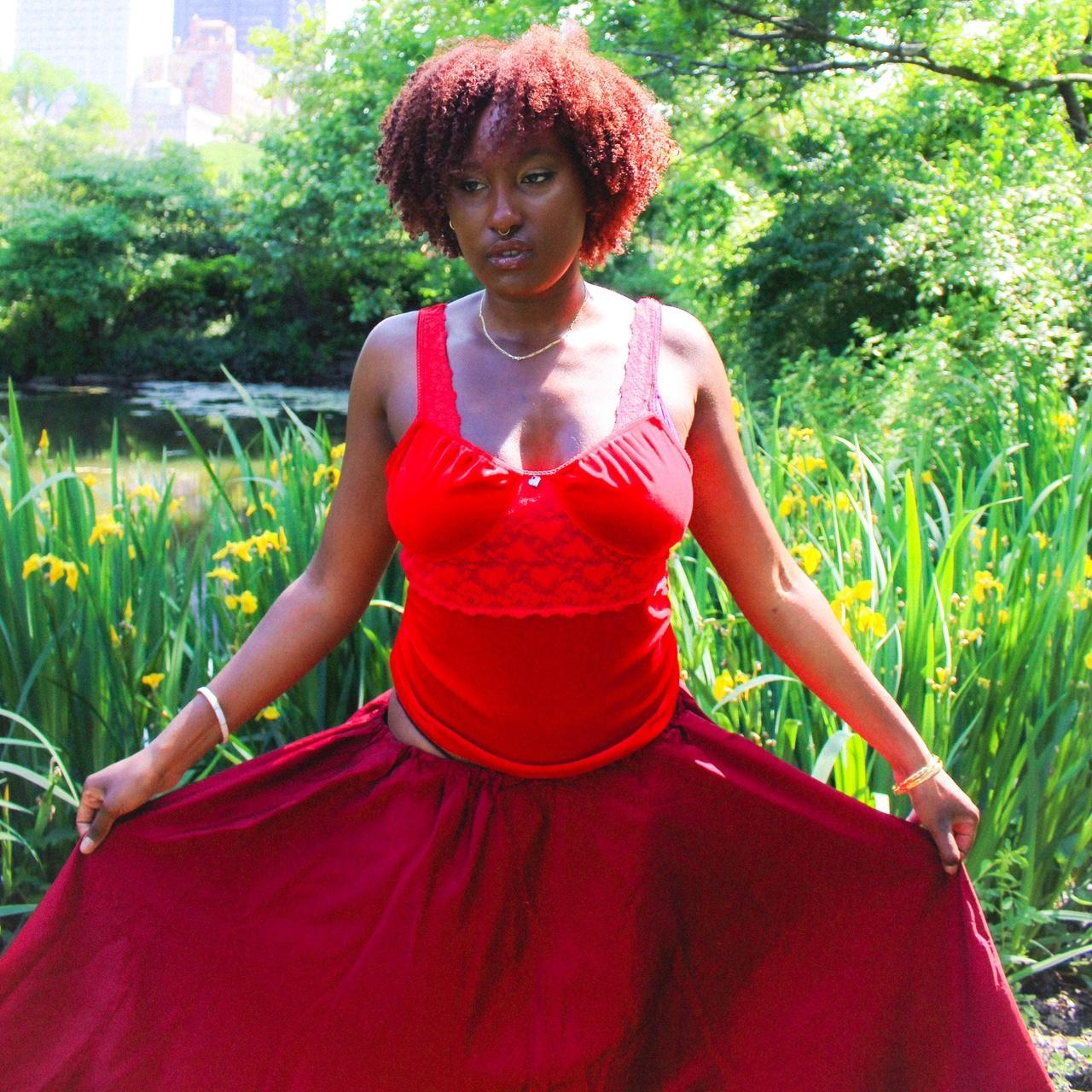 Large red maxi skirt with elastic waist. 1 1. Depop