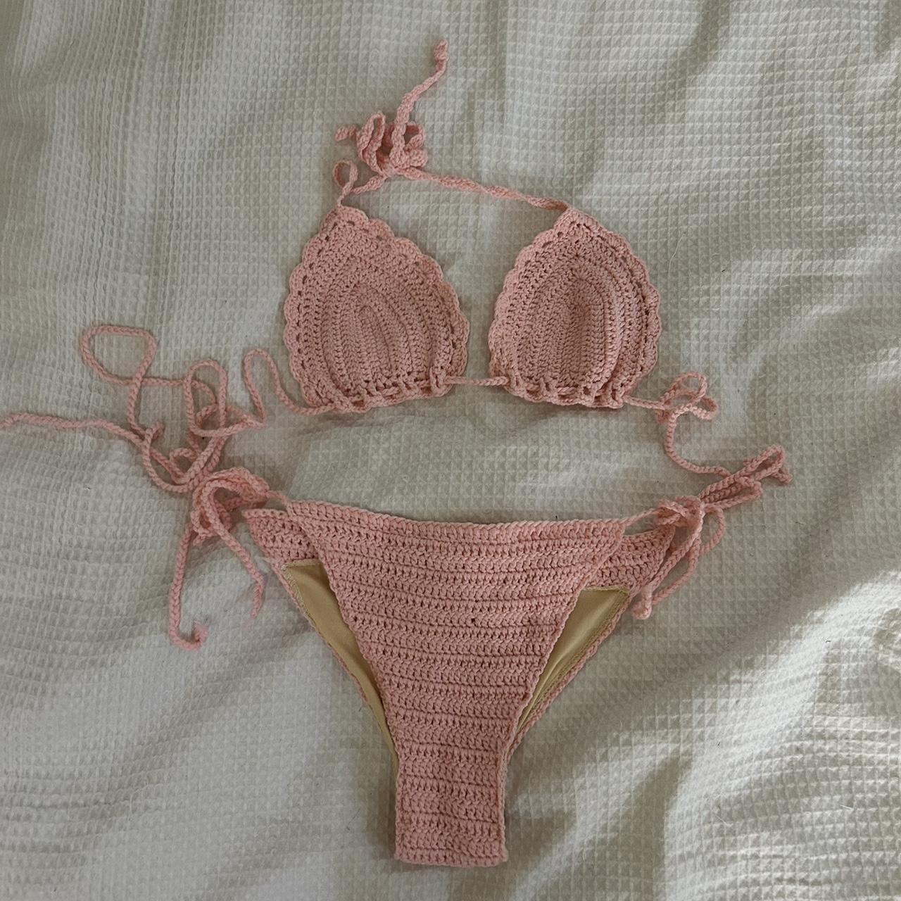 Pink crochet bikini Worn once Knitted crochet Size... - Depop