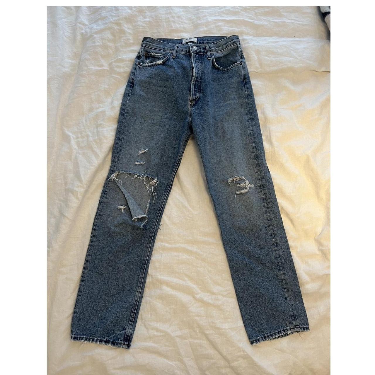 Agolde mid wash jean with knee rip Size