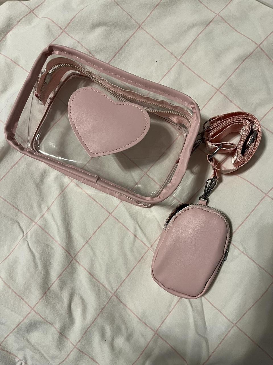 pink clear bag with heart design & strap pouch !! -... - Depop