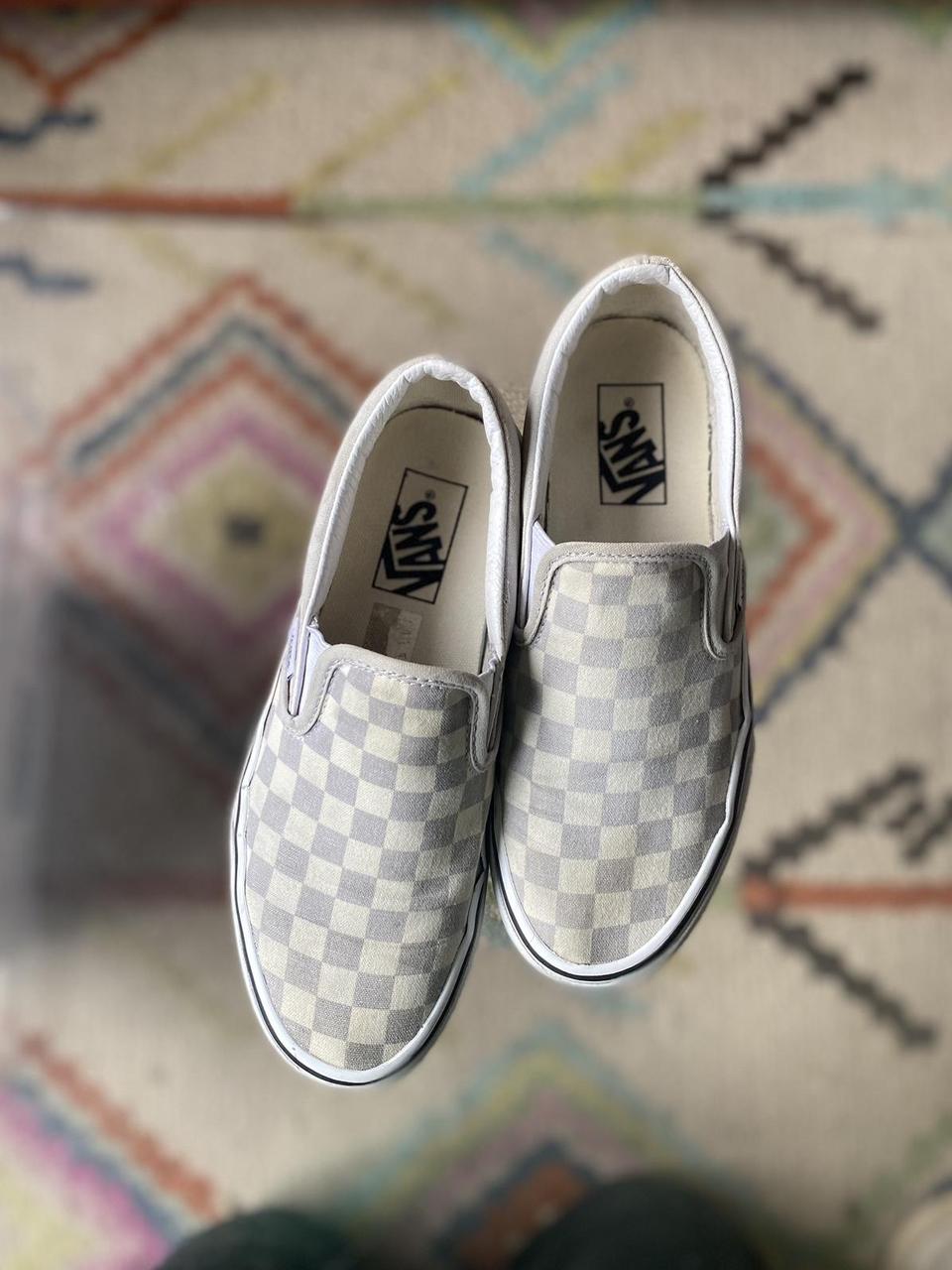 Grey and white checkered vans, bottoms are great but... - Depop